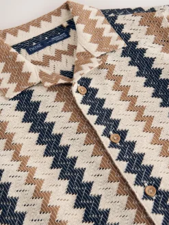 New Next Short Sleeves Textured Shirt (3mths-7yrs) Brown Zig Zag Stripe