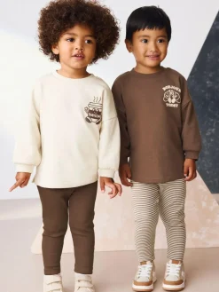 New Next Brown/Cream Babyccino Long Sleeve Tops & Leggings Set 2 Pack (3mths-7yrs)
