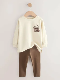 New Next Brown/Cream Babyccino Long Sleeve Tops & Leggings Set 2 Pack (3mths-7yrs)