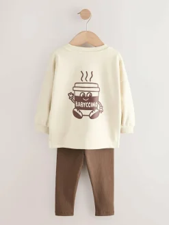 New Next Brown/Cream Babyccino Long Sleeve Tops & Leggings Set 2 Pack (3mths-7yrs)
