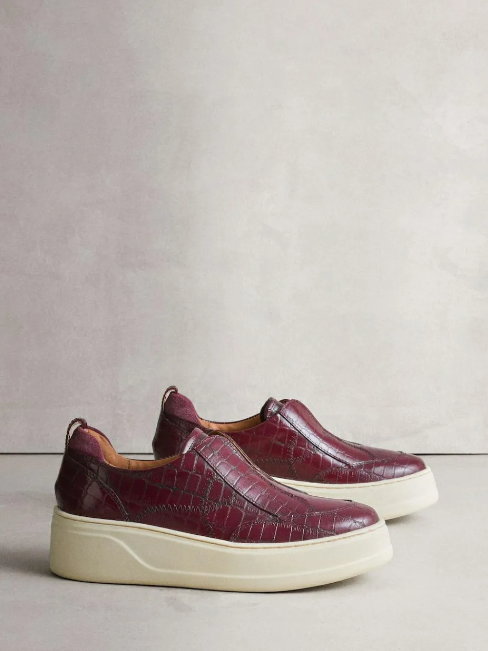 Discount Next Signature Leather Chunky Wedge Platform Trainers Burgundy Croc Effect