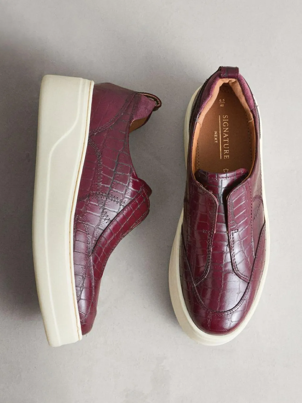Discount Next Signature Leather Chunky Wedge Platform Trainers Burgundy Croc Effect