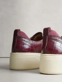 Discount Next Signature Leather Chunky Wedge Platform Trainers Burgundy Croc Effect