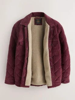 New Next Borg Lined Diamond Quilt Corduroy Shacket Burgundy Red