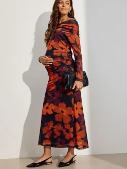 Next Maternity Mesh Bardot Dress Burgundy Red Floral