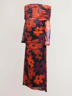 Next Maternity Mesh Bardot Dress Burgundy Red Floral