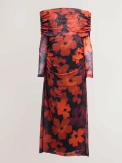 Next Maternity Mesh Bardot Dress Burgundy Red Floral