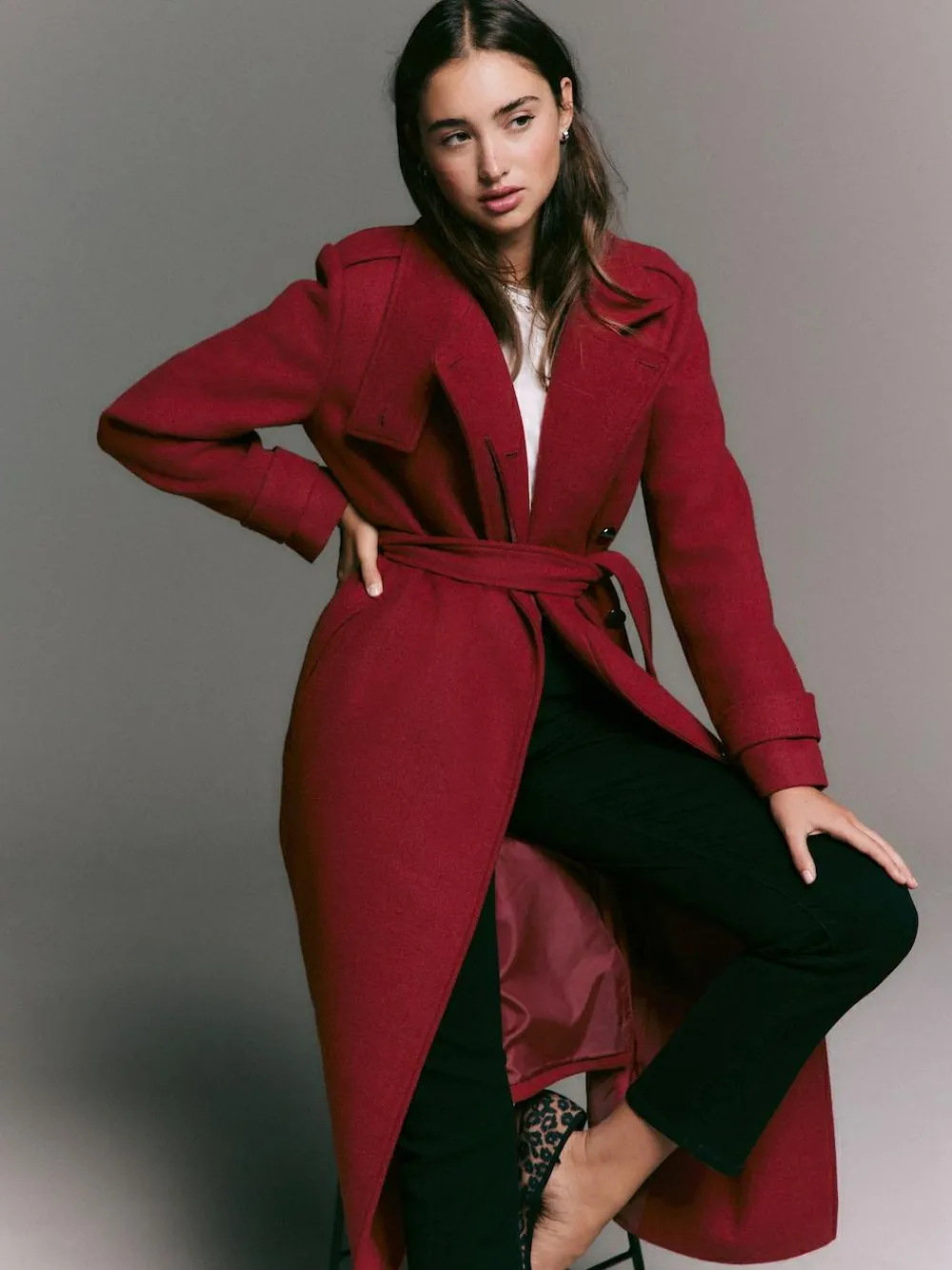 Online Next Formal Funnel Neck Coat Burgundy Red