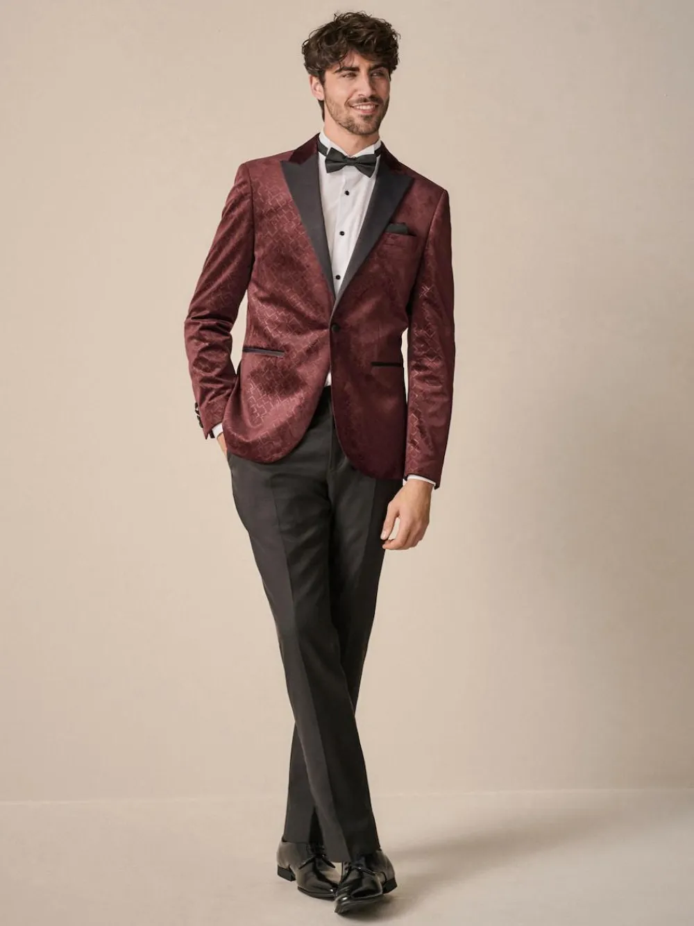 Discount Next Slim Fit Patterned Velvet Blazer Burgundy Red Geometric