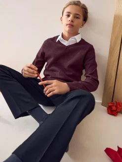 Next Burgundy Red Knitted V-Neck School Jumper (3-16yrs)^BOY Knitwear & Sweaters|Knitwear