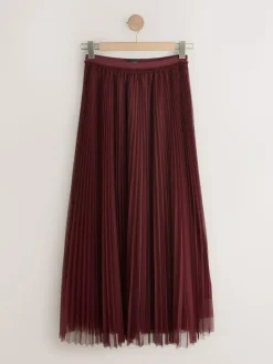 New Next Mesh Pleated Maxi Skirt Burgundy Red