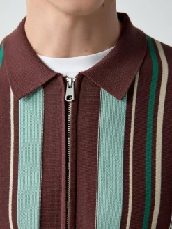 Hot Next Burgundy Red Regular Fit Short Sleeve Stripe Zip Through Knitted Polo Shirt