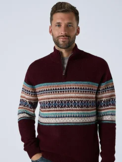 New Next Burgundy Red Regular Fit Fairisle Pattern Chest Block Zip Neck Jumper