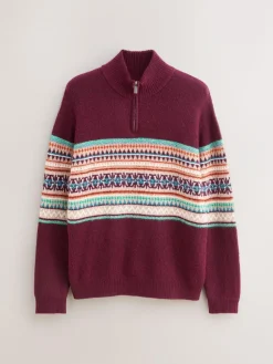New Next Burgundy Red Regular Fit Fairisle Pattern Chest Block Zip Neck Jumper