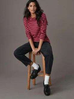 Next Burgundy Red Stripe Long Sleeve Crew Neck T-Shirt^Women Nightwear|Tops & T-Shirts