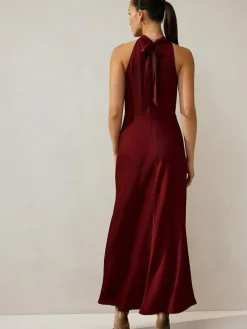 Hot Next Burgundy Red Textured Satin Halter Sleeveless Midi Dress