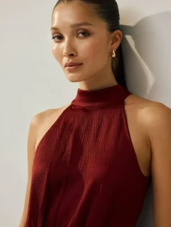 Hot Next Burgundy Red Textured Satin Halter Sleeveless Midi Dress