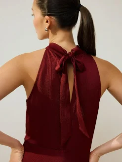 Hot Next Burgundy Red Textured Satin Halter Sleeveless Midi Dress