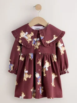 Next Burgundy Teddy Bear Long Sleeve Collared Dress (3mths-7yrs)^ Dresses|Dresses