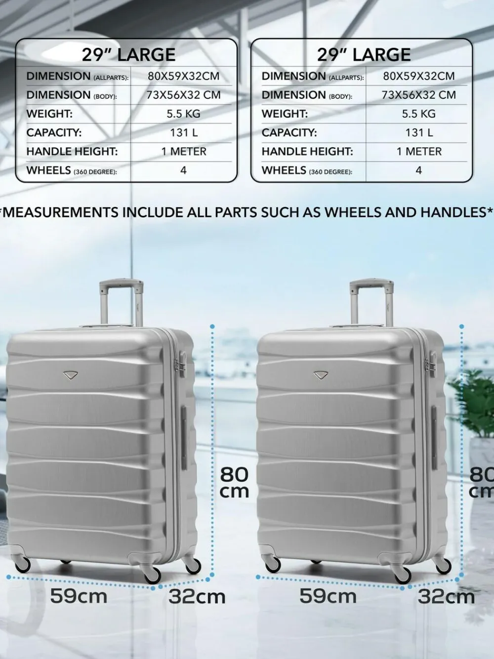 CABIN PRO Silver Set of 2 Large Check-In Hold Luggage Hardcase Travel Suitcases