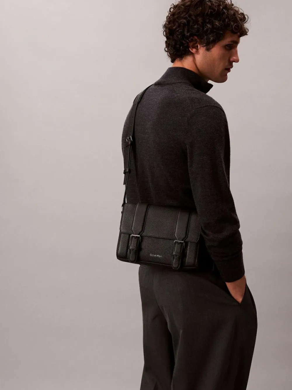 Calvin Klein Black Leather Flap Messenger Bag^ Bags