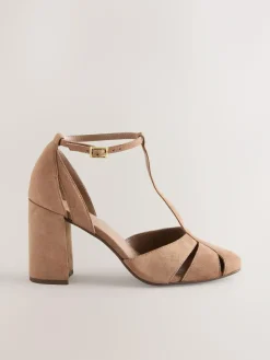 Sale Next Camel Suede Leather Round Toe Cut Out T-Bar Block Heel Shoes