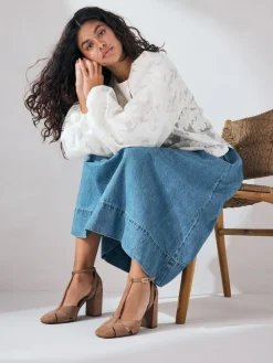 Sale Next Camel Suede Leather Round Toe Cut Out T-Bar Block Heel Shoes