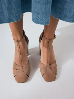 Sale Next Camel Suede Leather Round Toe Cut Out T-Bar Block Heel Shoes