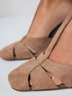 Sale Next Camel Suede Leather Round Toe Cut Out T-Bar Block Heel Shoes