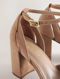 Sale Next Camel Suede Leather Round Toe Cut Out T-Bar Block Heel Shoes