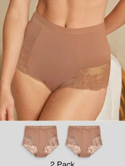 Clearance Next Print Tummy Control Shaping Lace Back Brazilian Knickers 2 Pack Caramel Nude