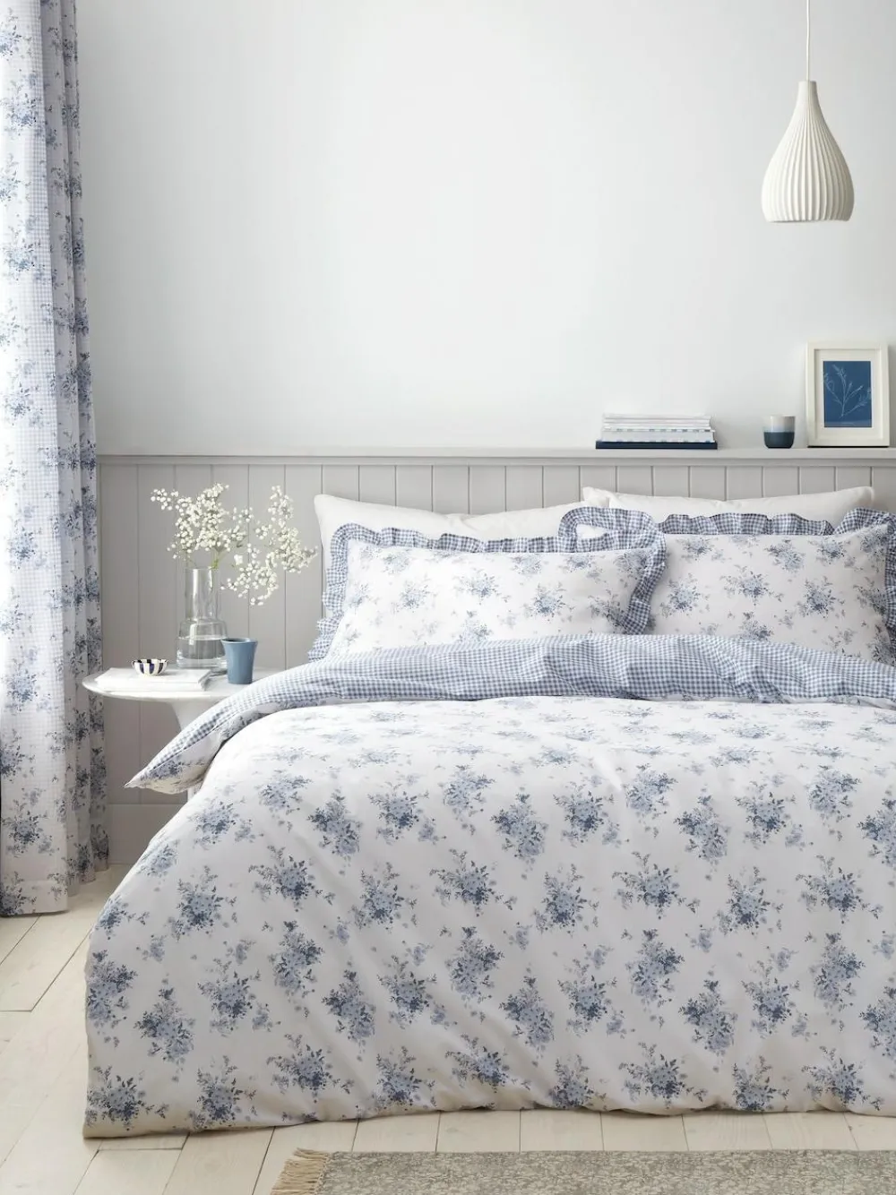 Catherine Lansfield Blue Lucie Floral Frill Reversible Duvet Cover Set^ Branded Bedlinen