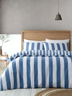 Clearance Catherine Lansfield Cove Stripe Reversible Duvet Cover Set Chambray Blue