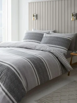 New Catherine Lansfield Textured Banded Stripe Reversible Duvet Cover Set Charcoal