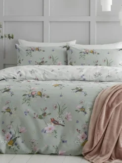 Discount Catherine Lansfield Songbird Reversible Duvet Cover and Pillowcase Set Green