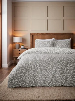Hot Catherine Lansfield Supersoft 100% Brushed Cotton Floral Leaf Duvet Cover Set Grey