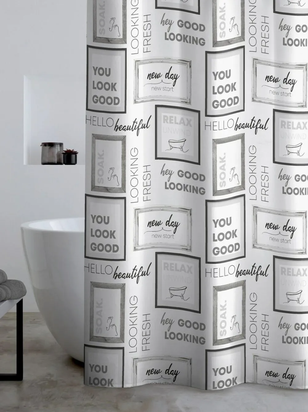 Sale Catherine Lansfield Grey/Black Relax and Unwind Shower Curtain