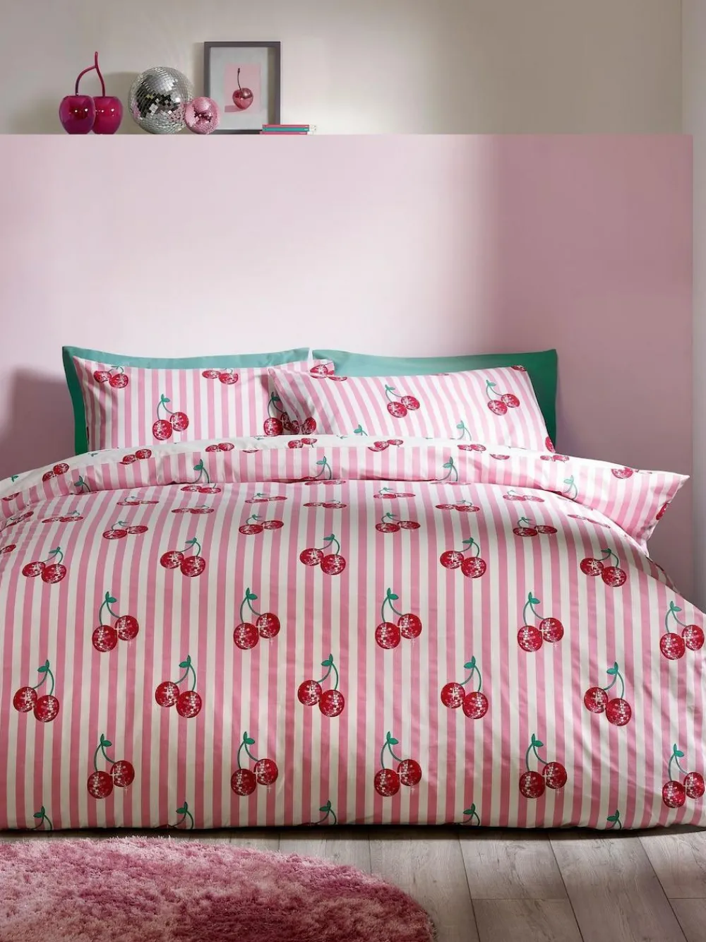 Catherine Lansfield Pink Disco Cherries Stripes Reversible Duvet Cover Set^ Branded Bedlinen