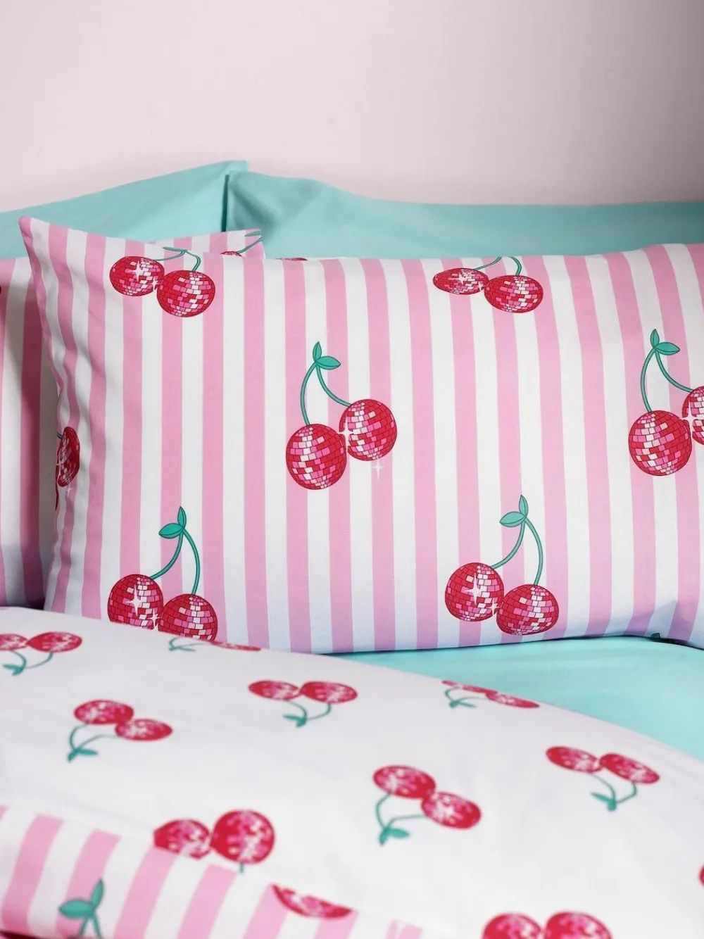 Catherine Lansfield Pink Disco Cherries Stripes Reversible Duvet Cover Set^ Branded Bedlinen