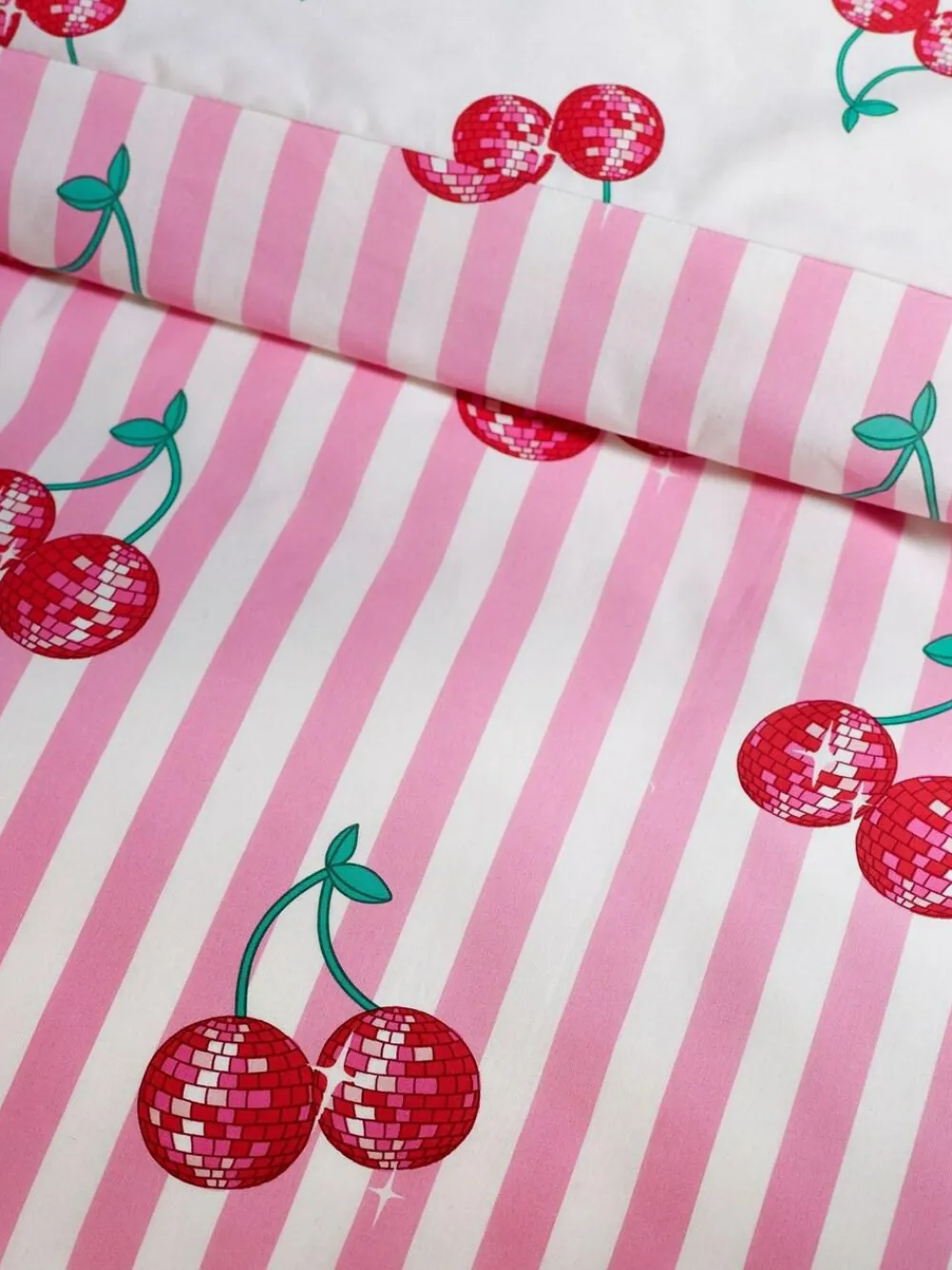 Catherine Lansfield Pink Disco Cherries Stripes Reversible Duvet Cover Set^ Branded Bedlinen