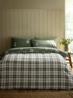Catherine Lansfield Soft Green Christmas Stag Check Reversible Duvet Cover Set^ Branded Bedlinen