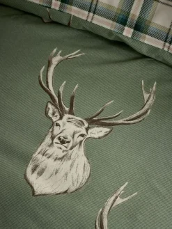 Catherine Lansfield Soft Green Christmas Stag Check Reversible Duvet Cover Set^ Branded Bedlinen