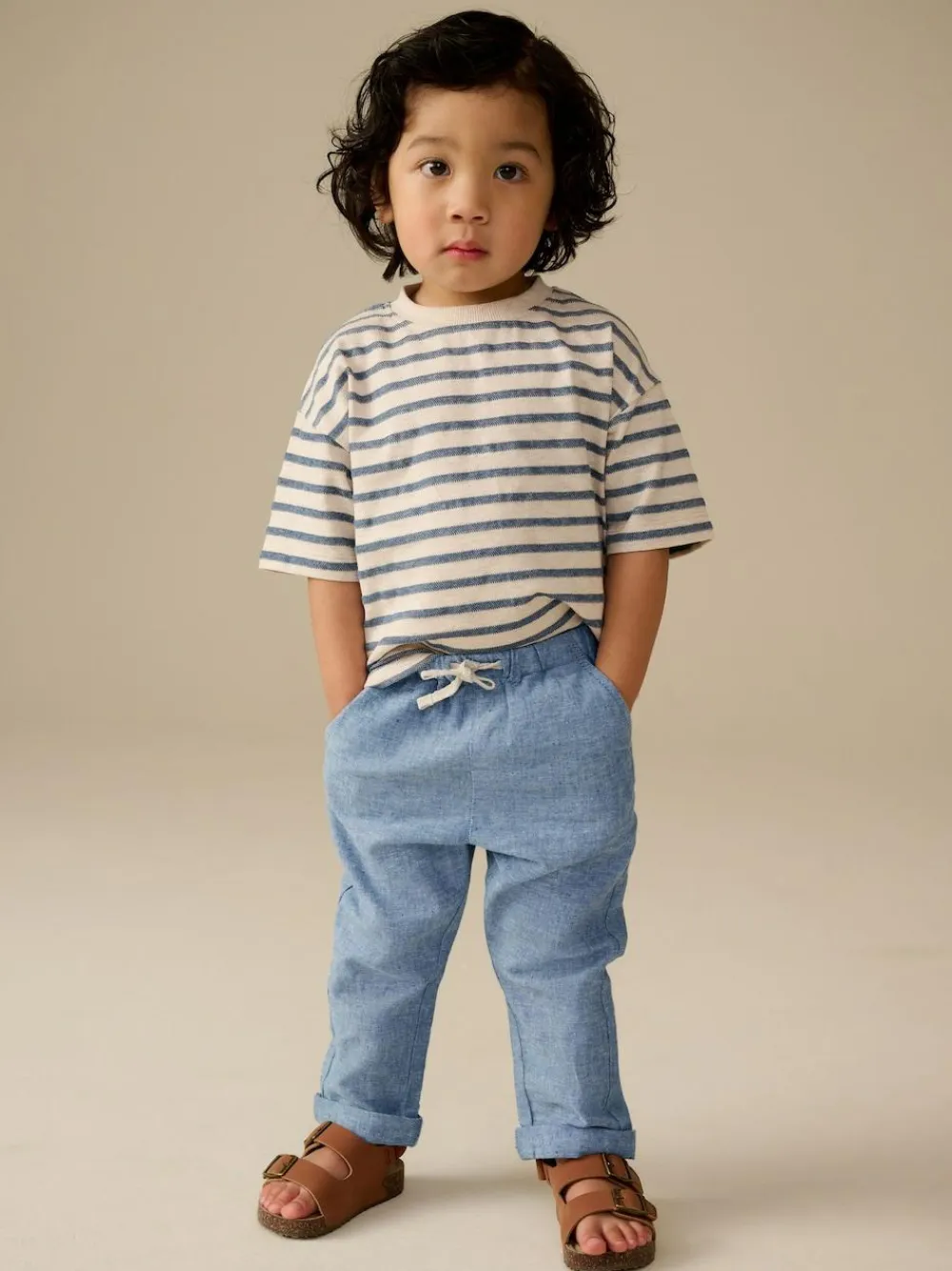 Best Next Regular Fit Linen Blend Pull on Trousers (3mths-7yrs) Chambray Blue