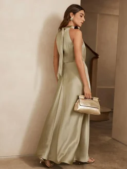 Sale Next Champagne Gold Textured Satin Halter Sleeveless Midi Dress