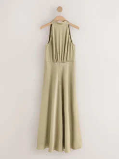 Sale Next Champagne Gold Textured Satin Halter Sleeveless Midi Dress
