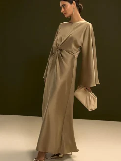 Online Next Twist Front Long Sleeve Satin Maxi Dress Champagne Gold