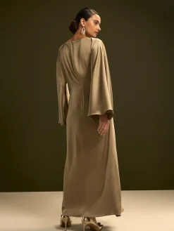 Online Next Twist Front Long Sleeve Satin Maxi Dress Champagne Gold