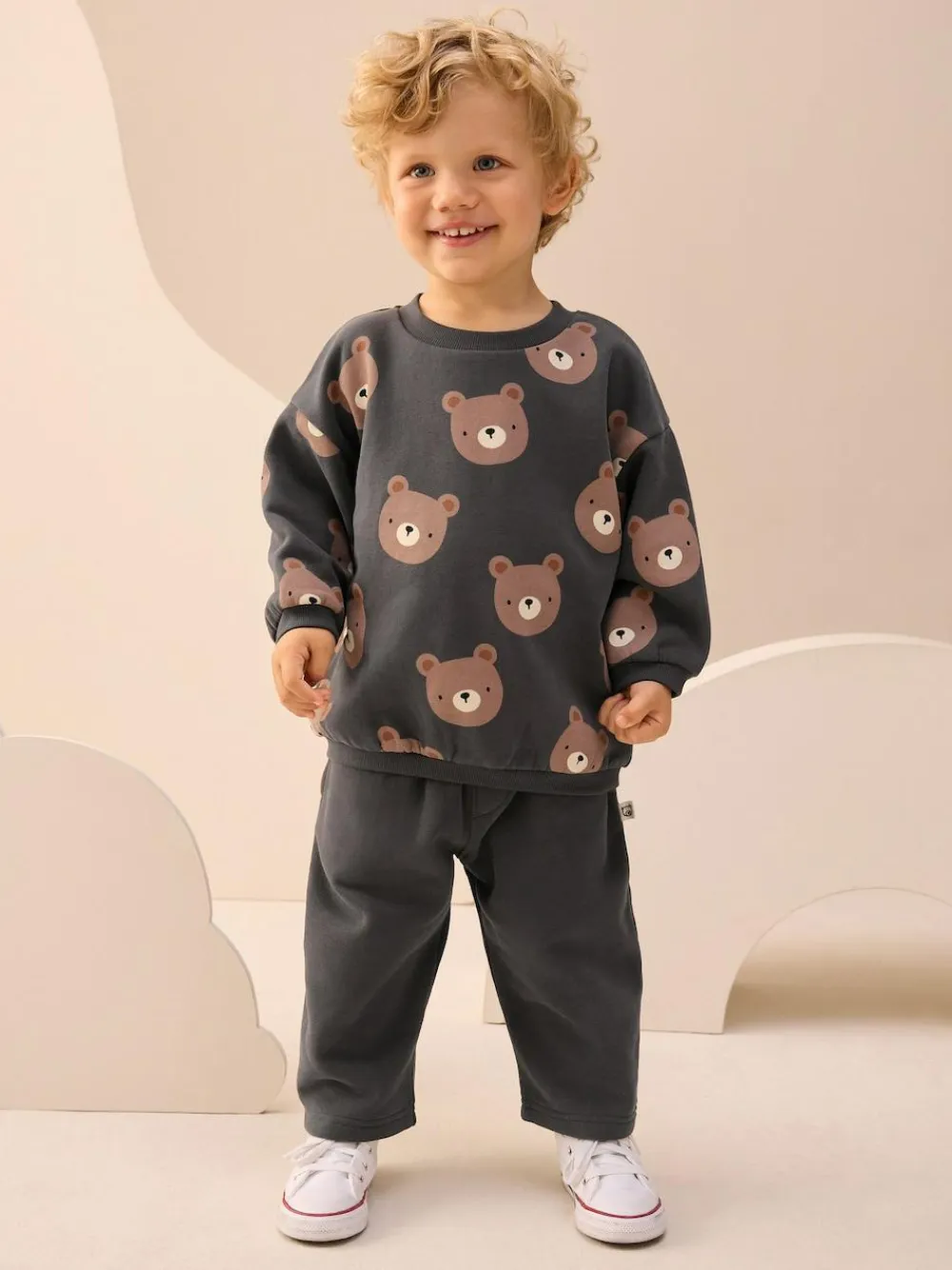 Outlet Next Charcoal Grey Bear All Over Single Sweatshirt And Stripe Joggers Set (3mths-7yrs)
