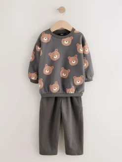 Outlet Next Charcoal Grey Bear All Over Single Sweatshirt And Stripe Joggers Set (3mths-7yrs)