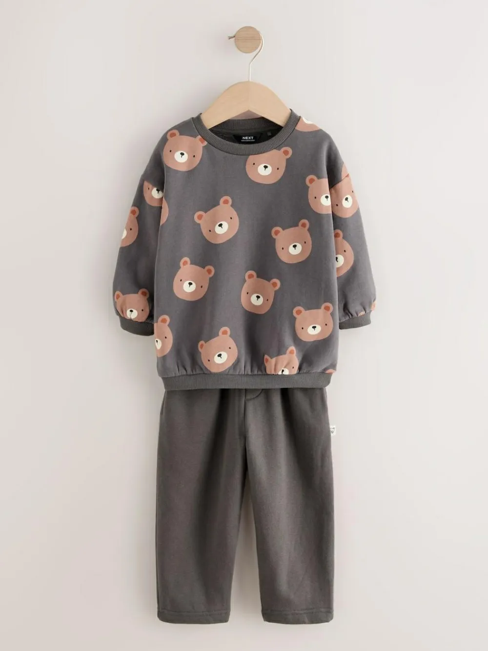 Outlet Next Charcoal Grey Bear All Over Single Sweatshirt And Stripe Joggers Set (3mths-7yrs)